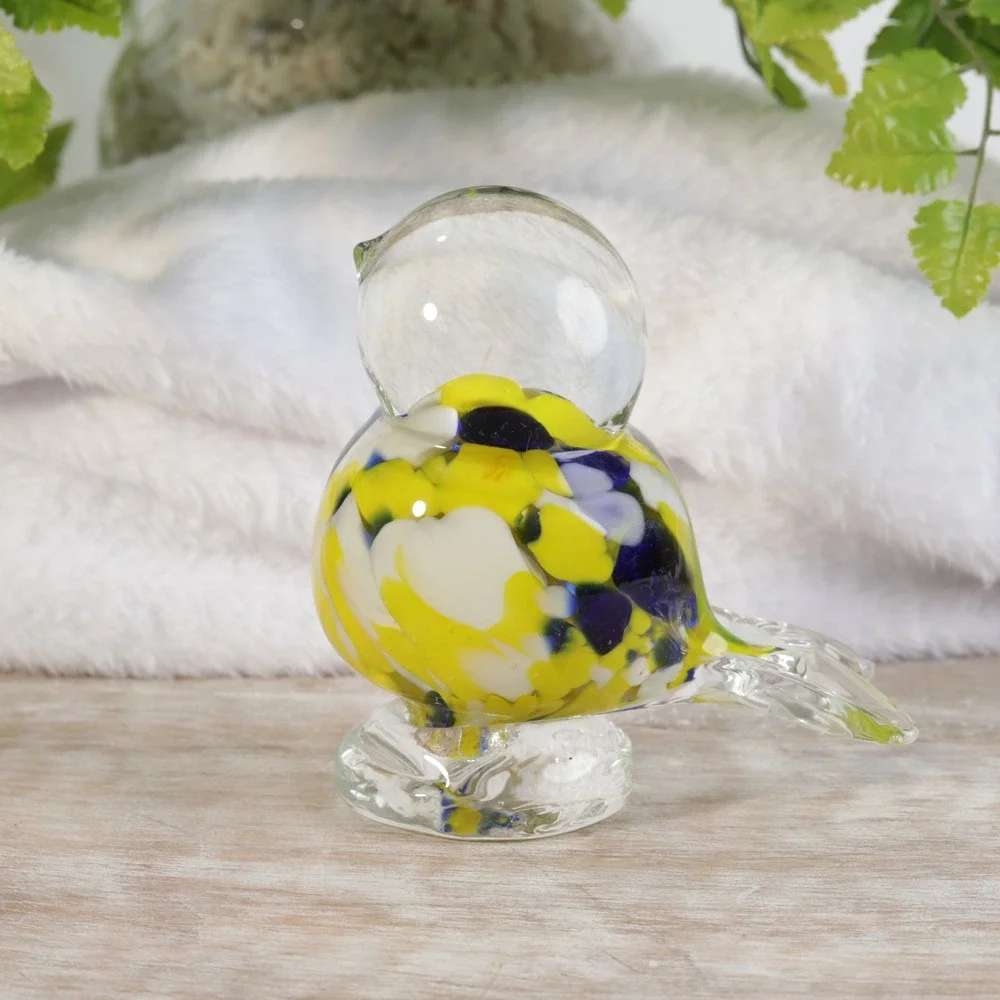 Art Glass Bird Figurine Yellow Blue White Confetti Murano Style Paperweight